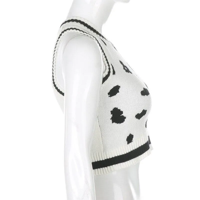 Mono Leopard Print Sleeveless Knit Crop Top Women's Top White Summer Y2K Casual V Neck Vest Sexy Tank