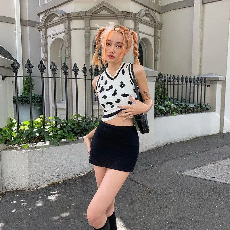 Mono Leopard Print Sleeveless Knit Crop Top Women's Top White Summer Y2K Casual V Neck Vest Sexy Tank