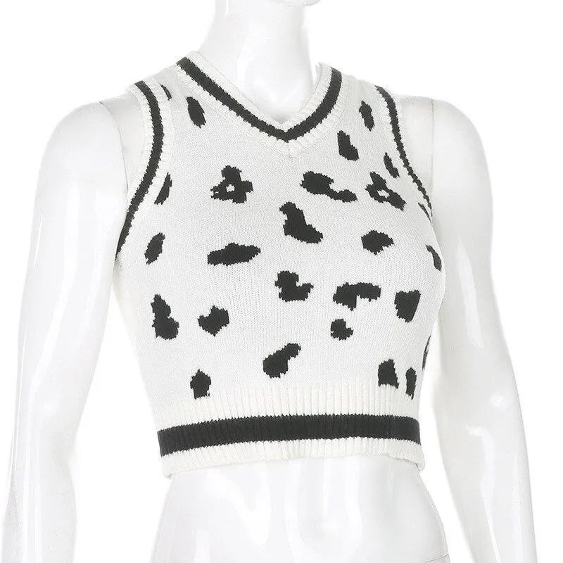 Mono Leopard Print Sleeveless Knit Crop Top Women's Top White Summer Y2K Casual V Neck Vest Sexy Tank