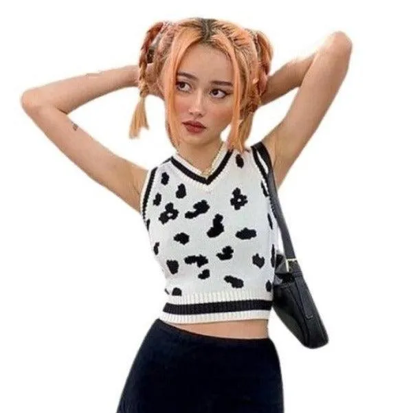 Mono Leopard Print Sleeveless Knit Crop Top Women's Top White Summer Y2K Casual V Neck Vest Sexy Tank