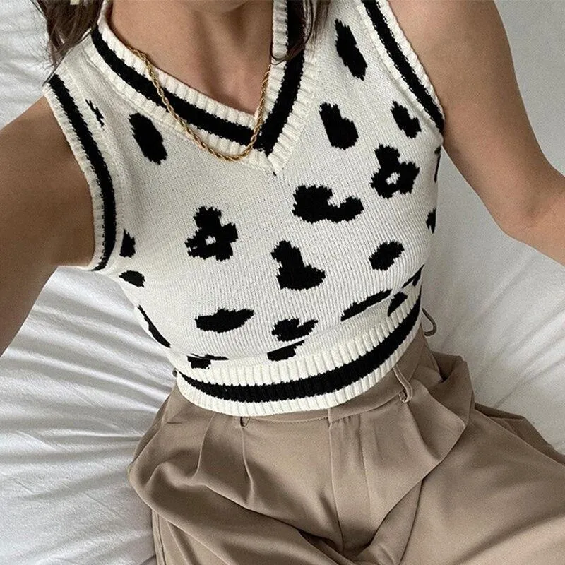 Mono Leopard Print Sleeveless Knit Crop Top Women's Top White Summer Y2K Casual V Neck Vest Sexy Tank