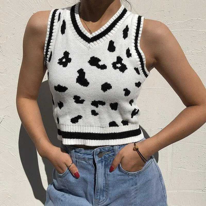 Mono Leopard Print Sleeveless Knit Crop Top Women's Top White Summer Y2K Casual V Neck Vest Sexy Tank