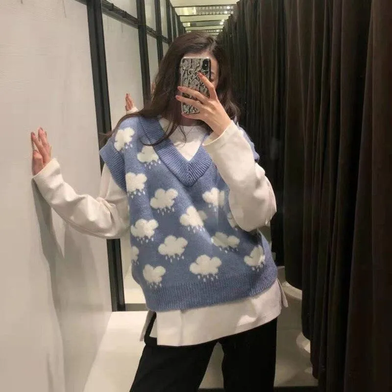 Rain Clouds Sweater Vest Women's Sleeveless Jumper Korean Harajuku V-neck Vintage Aesthetic Student Geek Chic