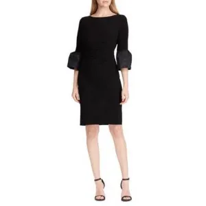 Ralph Lauren Womens Black Ruffled 3/4 Sleeve Crew Neck Knee Length Sheath Dress