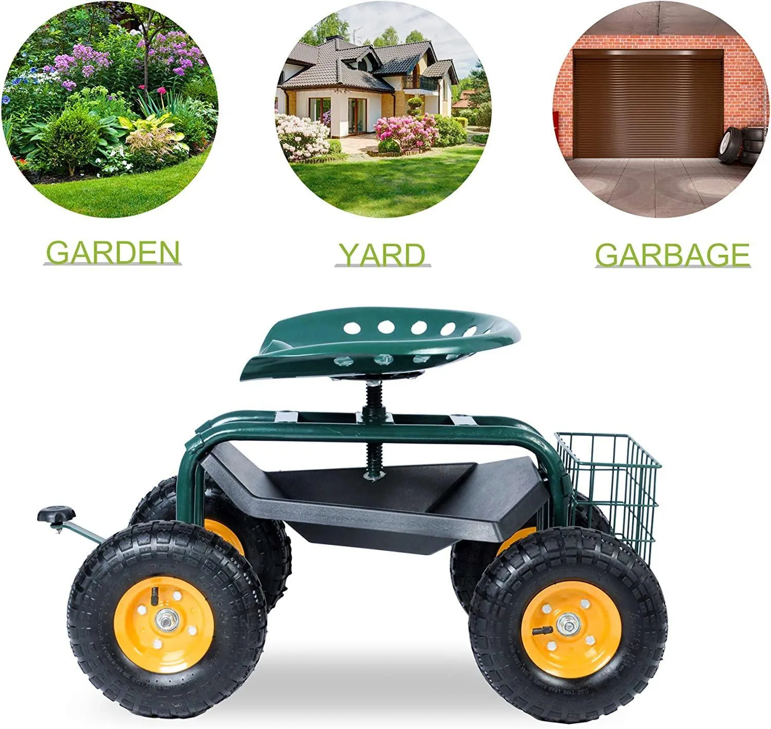 Rolling Garden Cart with Seat Lawn Yard Patio Work Seat Gardening Stool Cart with Tool Tray and Storage Basket