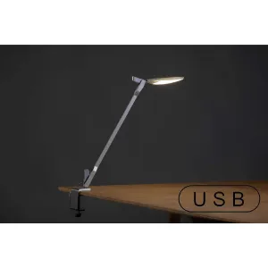 Splitty Silver Contemporary LED Desk Lamp with One-Piece Desk Clamp and USB Port