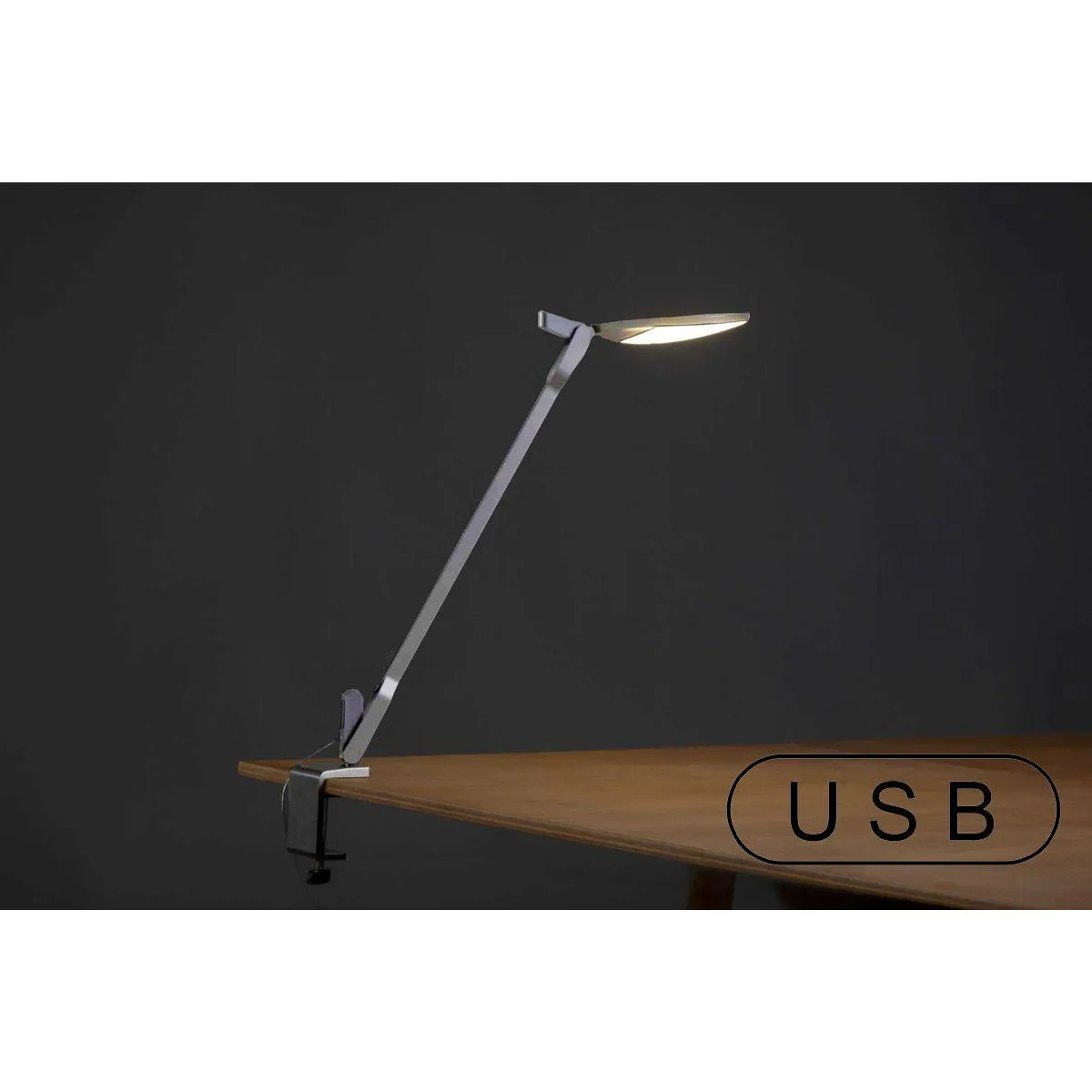 Splitty Silver Contemporary LED Desk Lamp with One-Piece Desk Clamp and USB Port