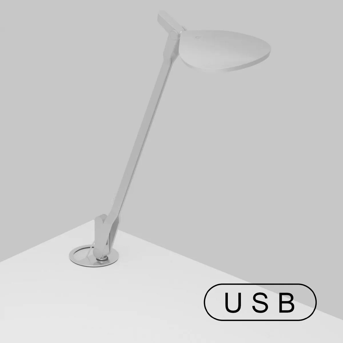 Splitty Silver Contemporary LED Desk Lamp with Through-Table Mount and USB Port