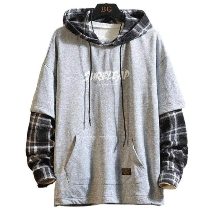 Tartan Patchwork Layered Hoodie Mens Hoodie 3 Colours Casual Skater Hip Hop Fashion Lightweight Everyday Hoodie