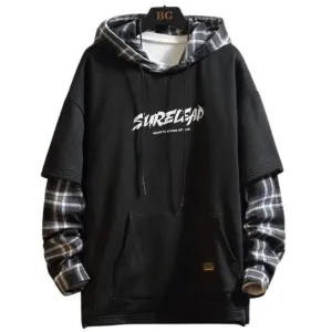 Tartan Patchwork Layered Hoodie Mens Hoodie 3 Colours Casual Skater Hip Hop Fashion Lightweight Everyday Hoodie