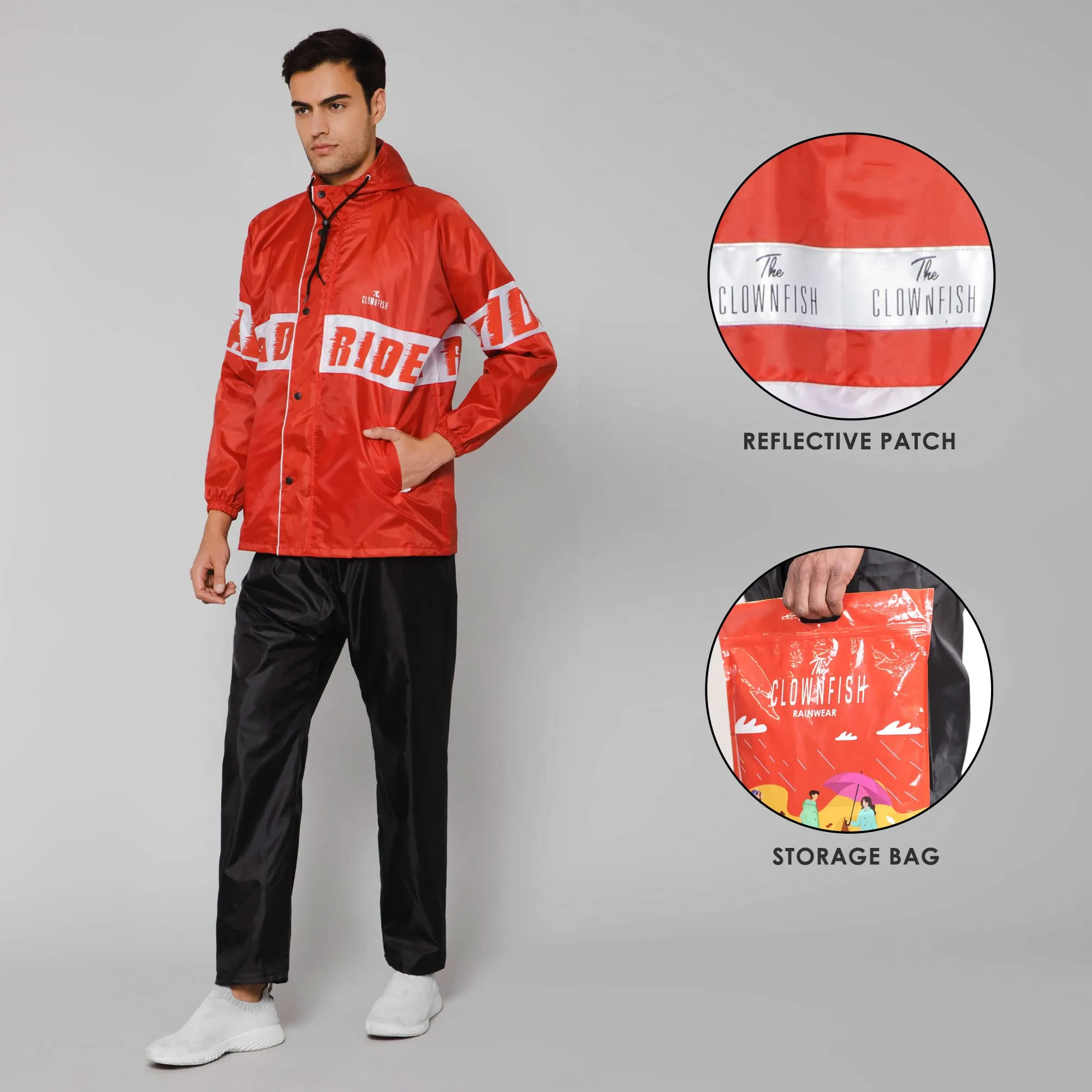 THE CLOWNFISH Road Rider Men's Waterproof Raincoat Polyester Double Coating Reversible Rain Suit with Hood & Inner Mobile Pocket. Set of Top and Bottom. Printed Plastic Pouch (Red, XX-Large)