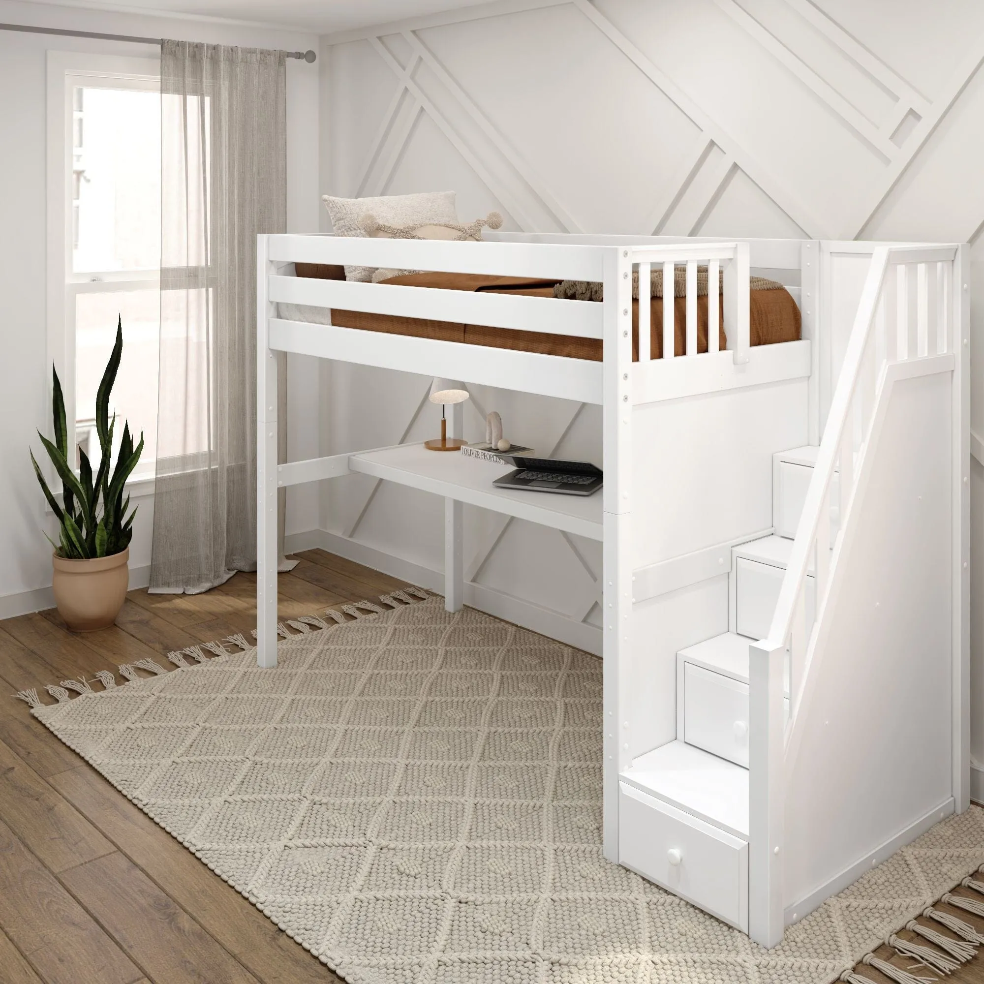 Twin High Loft Bed with Stairs with Long Desk