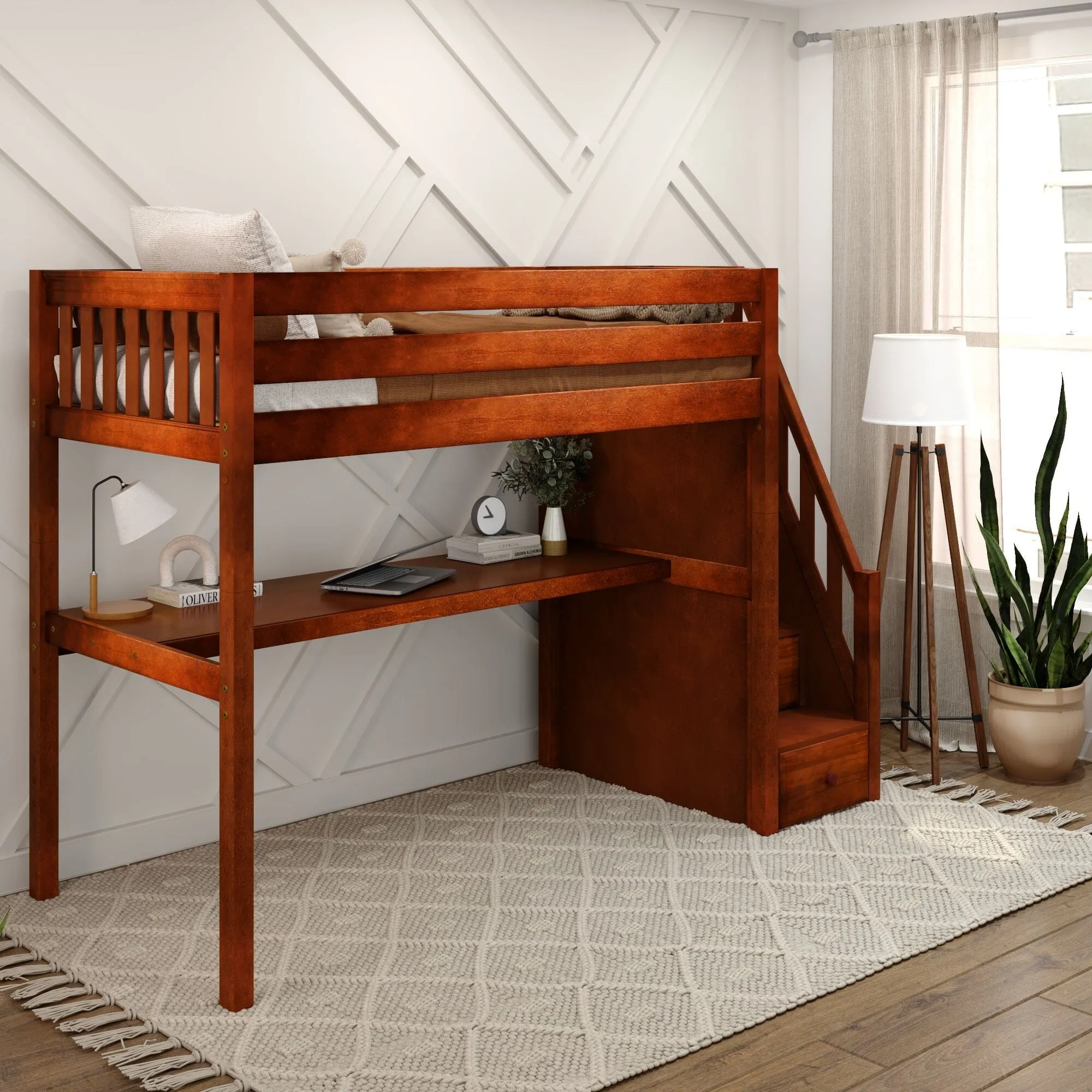 Twin High Loft Bed with Stairs with Long Desk