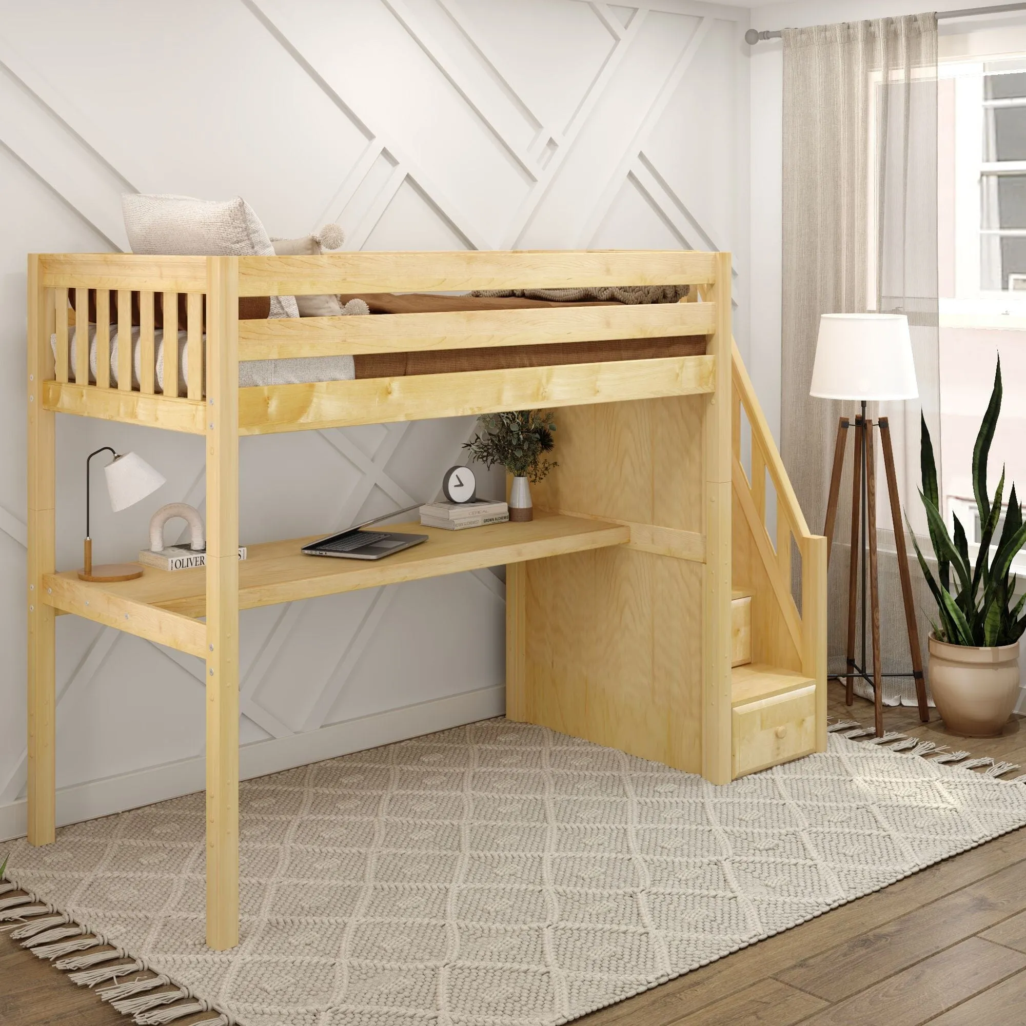 Twin High Loft Bed with Stairs with Long Desk