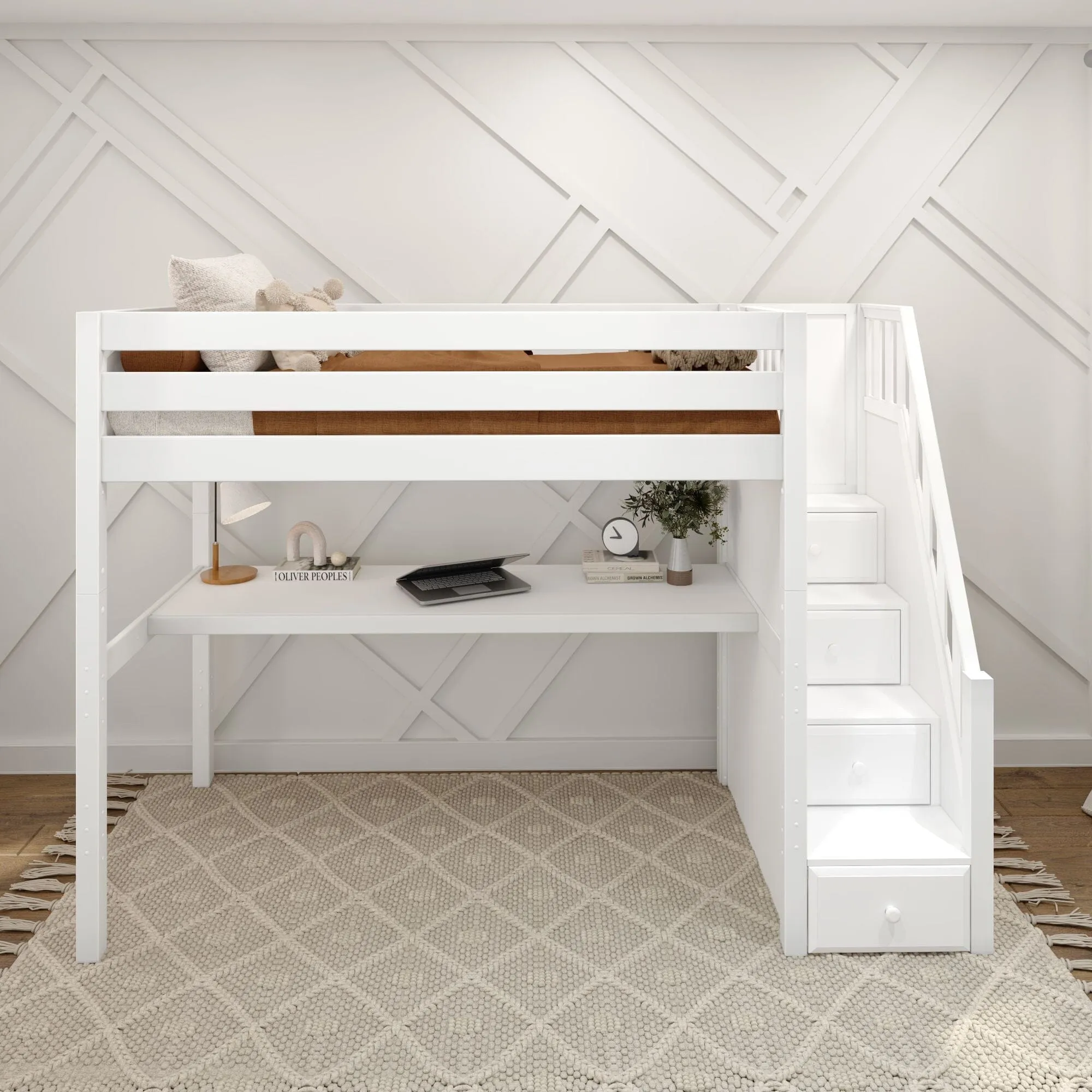 Twin High Loft Bed with Stairs with Long Desk