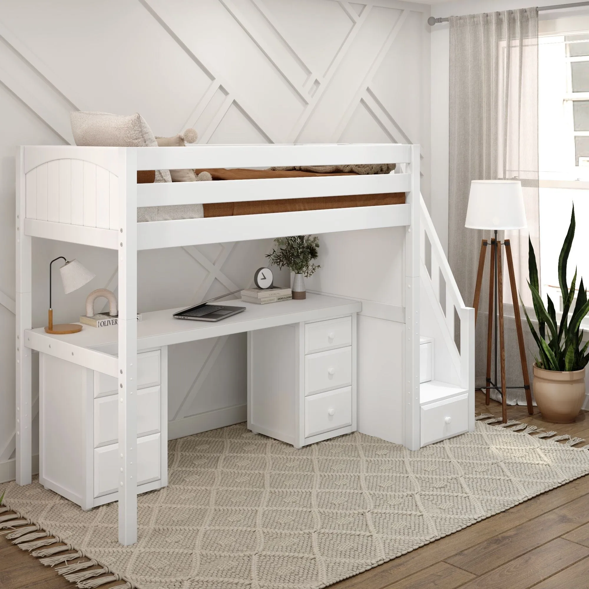 Twin High Loft Bed with Stairs with Long Desk