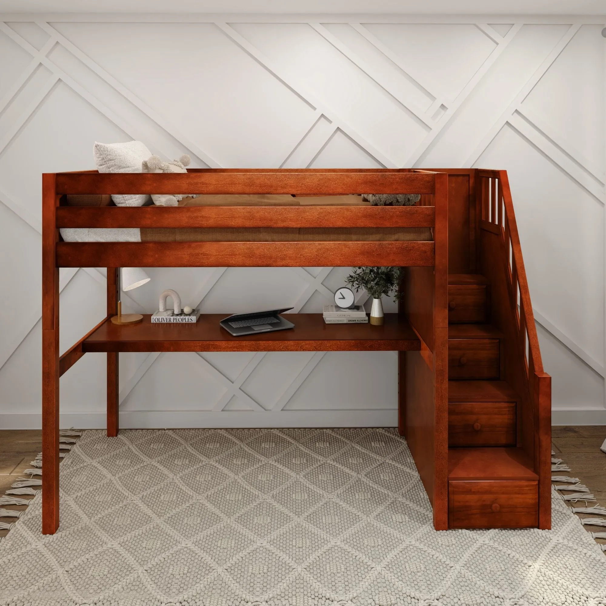 Twin High Loft Bed with Stairs with Long Desk