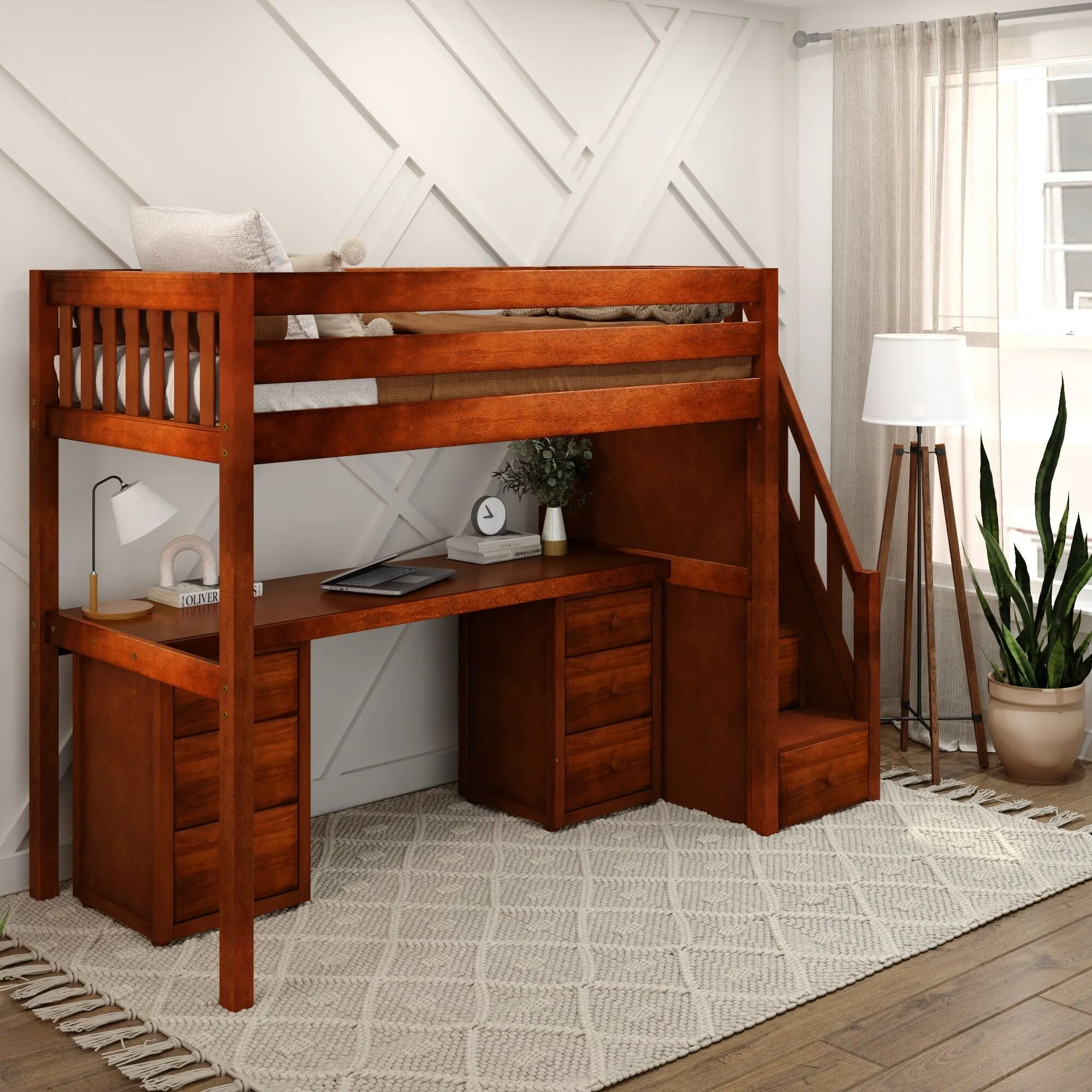 Twin High Loft Bed with Stairs with Long Desk