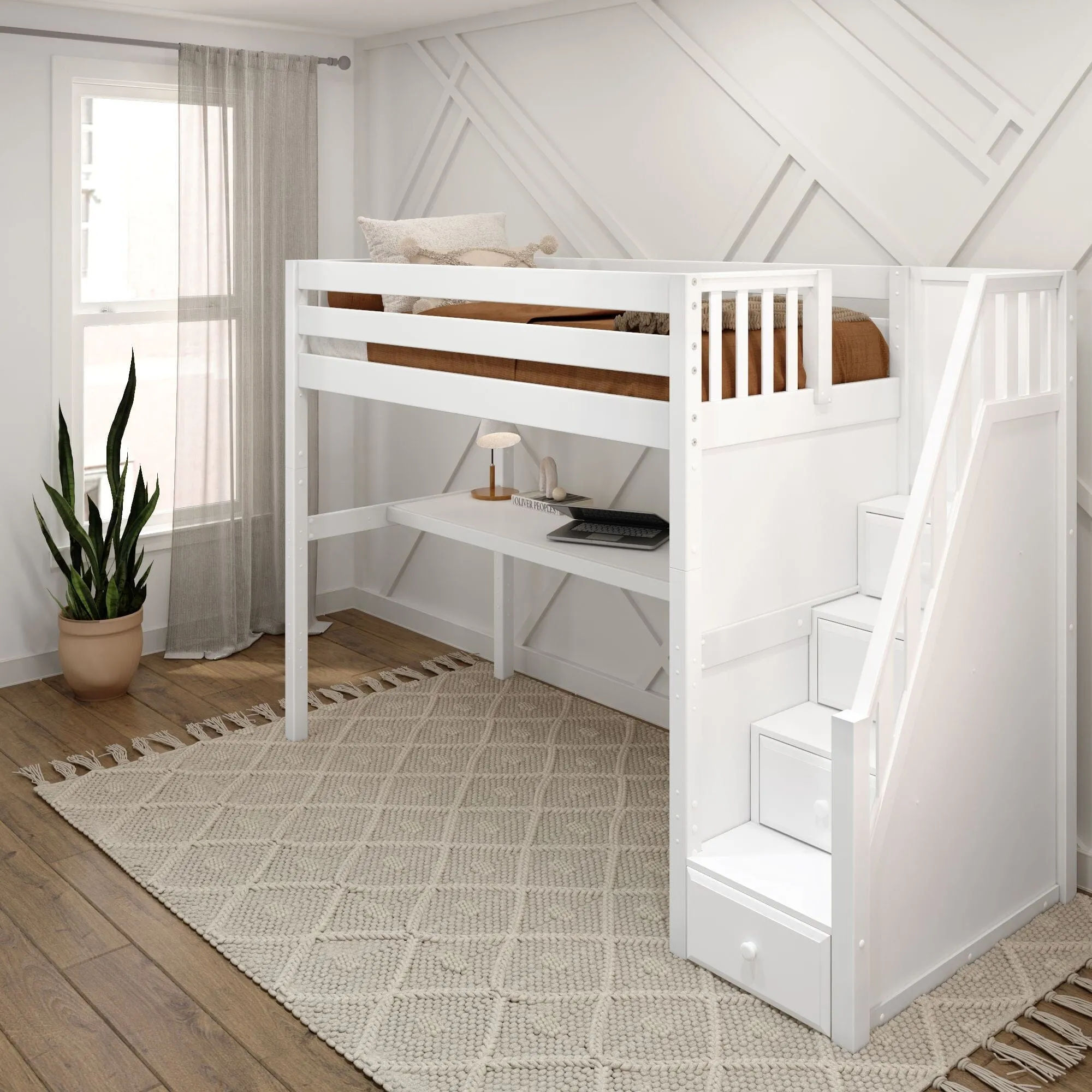 Twin High Loft Bed with Stairs with Long Desk