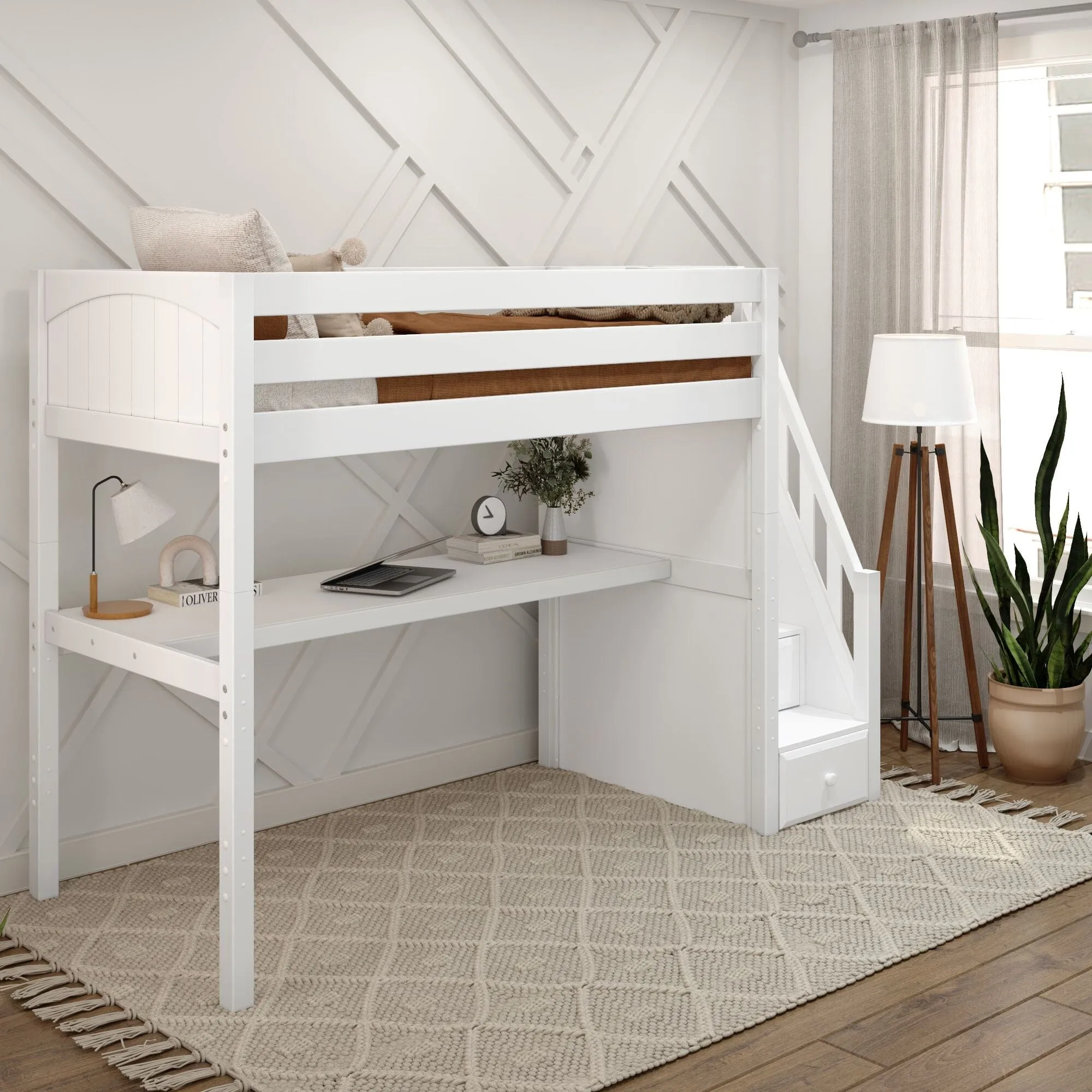 Twin High Loft Bed with Stairs with Long Desk