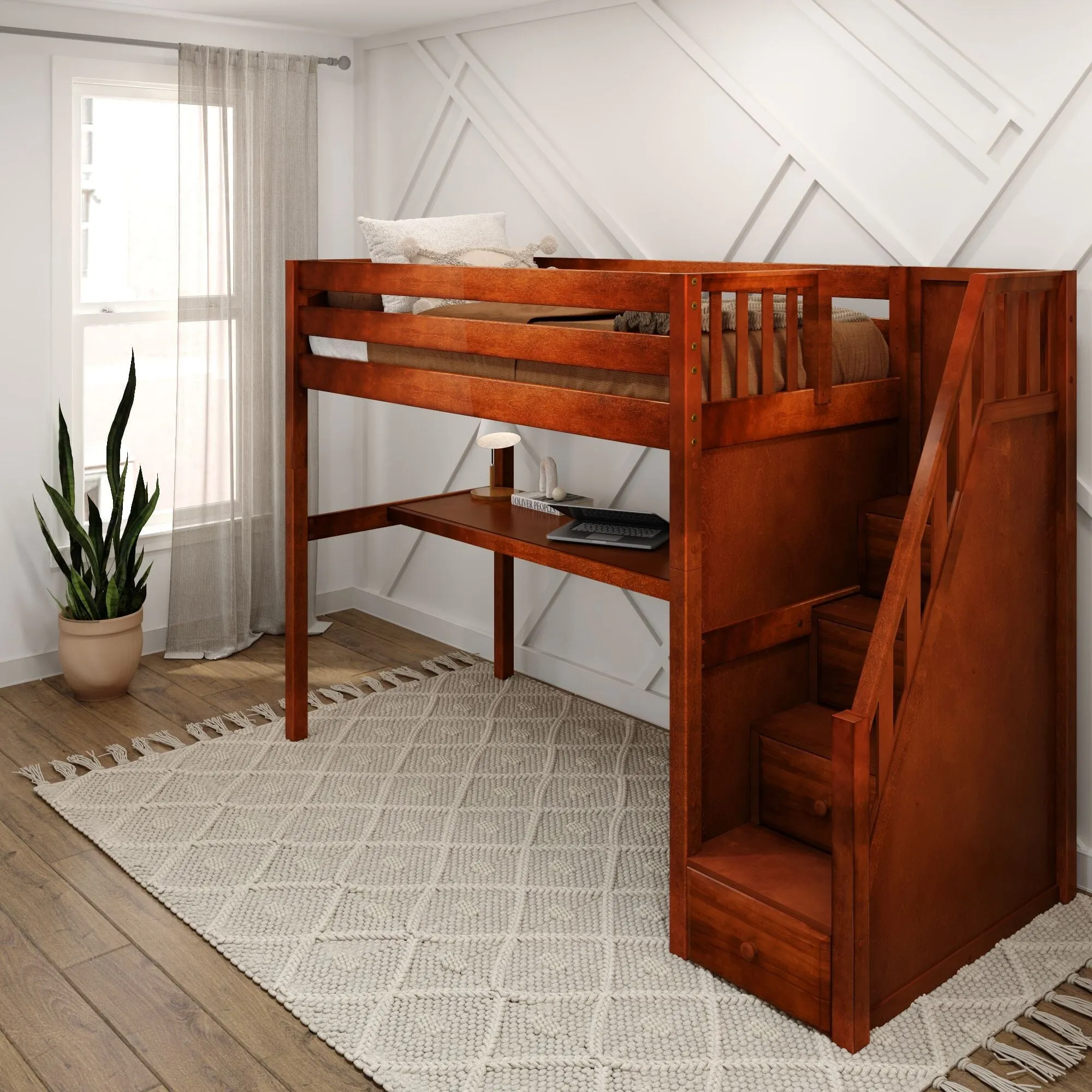 Twin High Loft Bed with Stairs with Long Desk