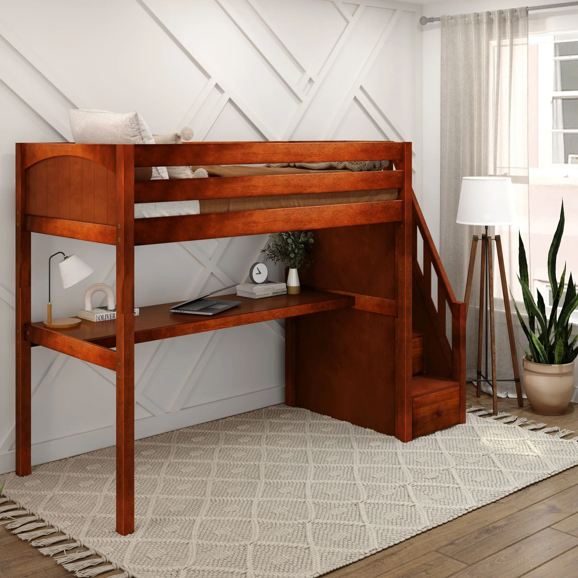 Twin High Loft Bed with Stairs with Long Desk