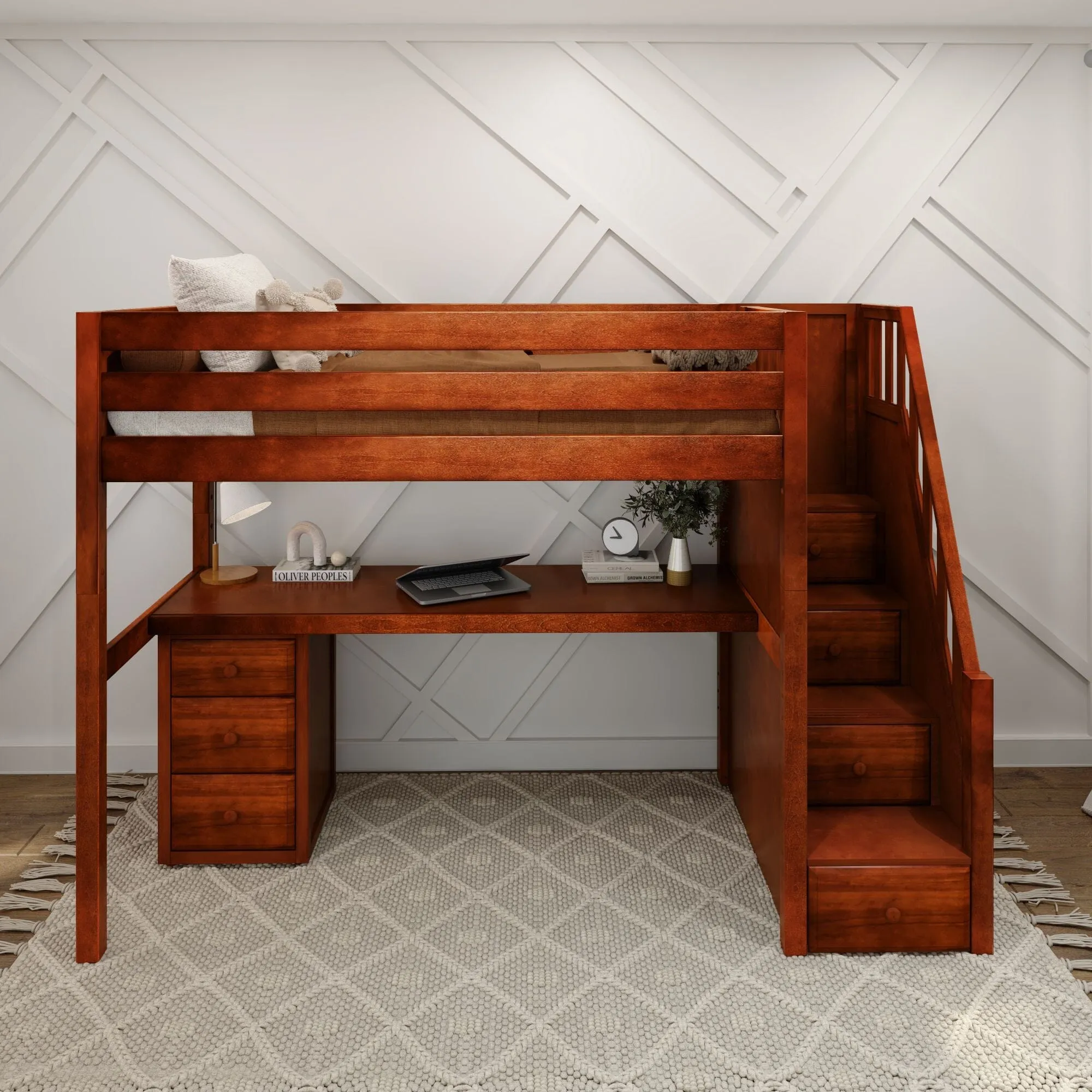 Twin High Loft Bed with Stairs with Long Desk