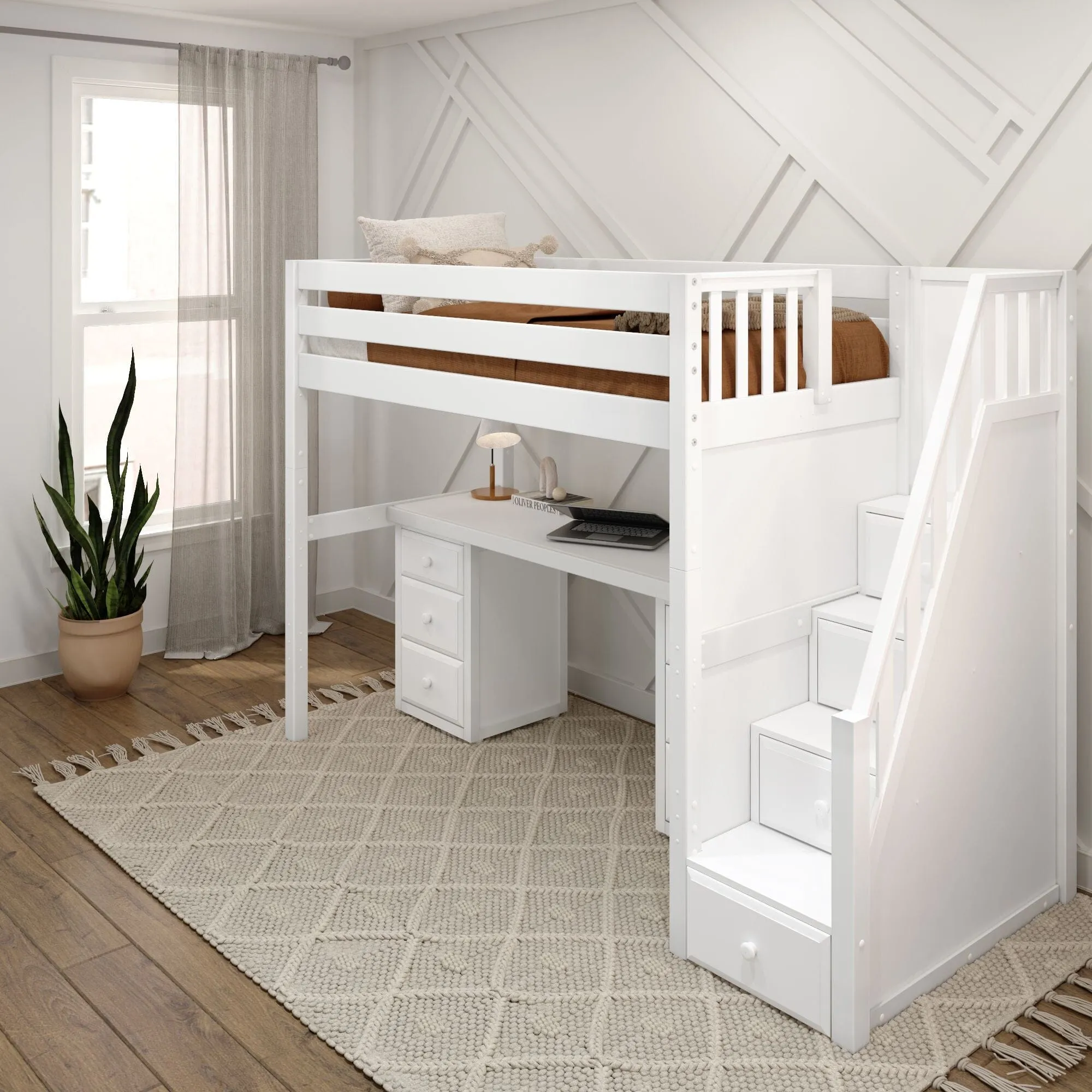 Twin High Loft Bed with Stairs with Long Desk