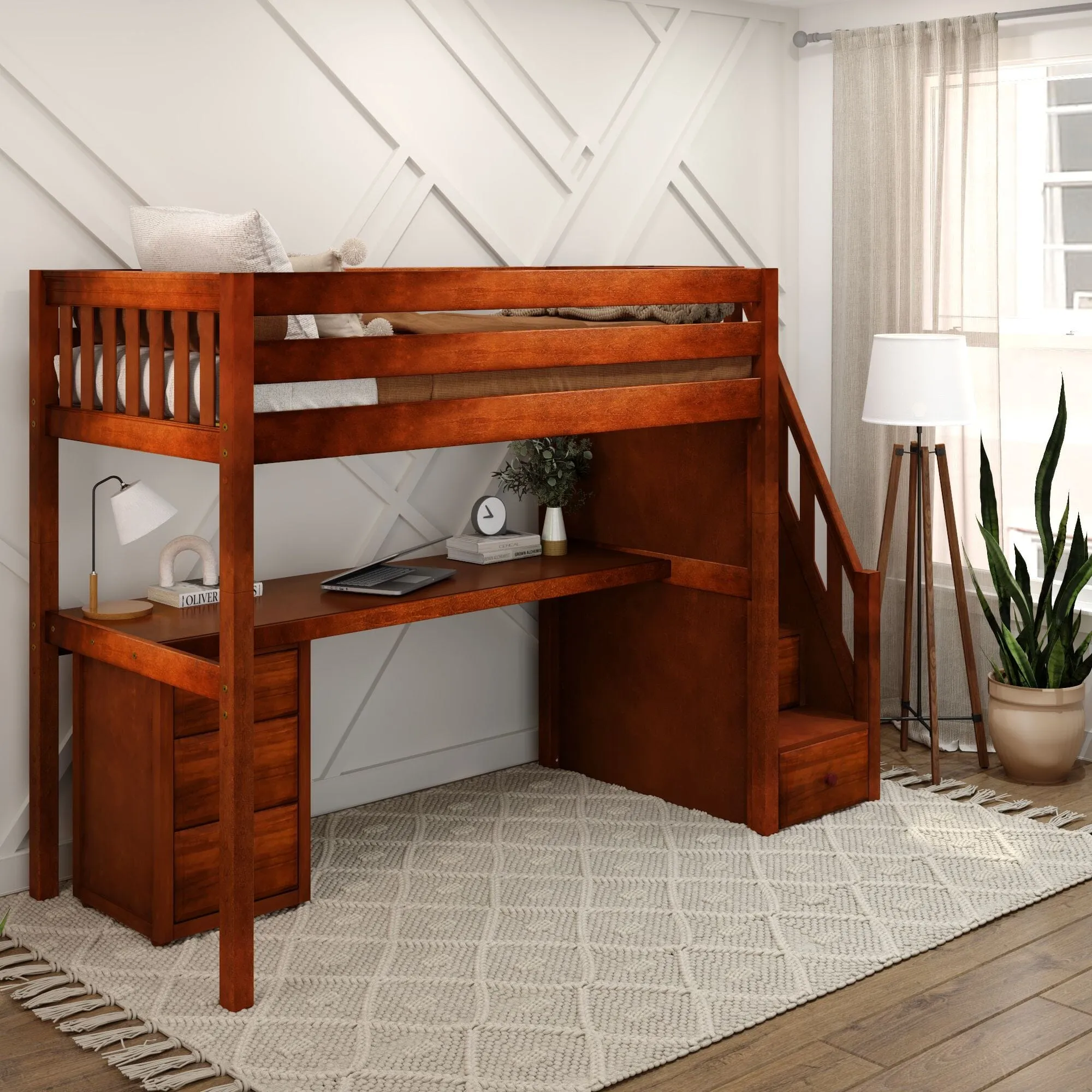 Twin High Loft Bed with Stairs with Long Desk