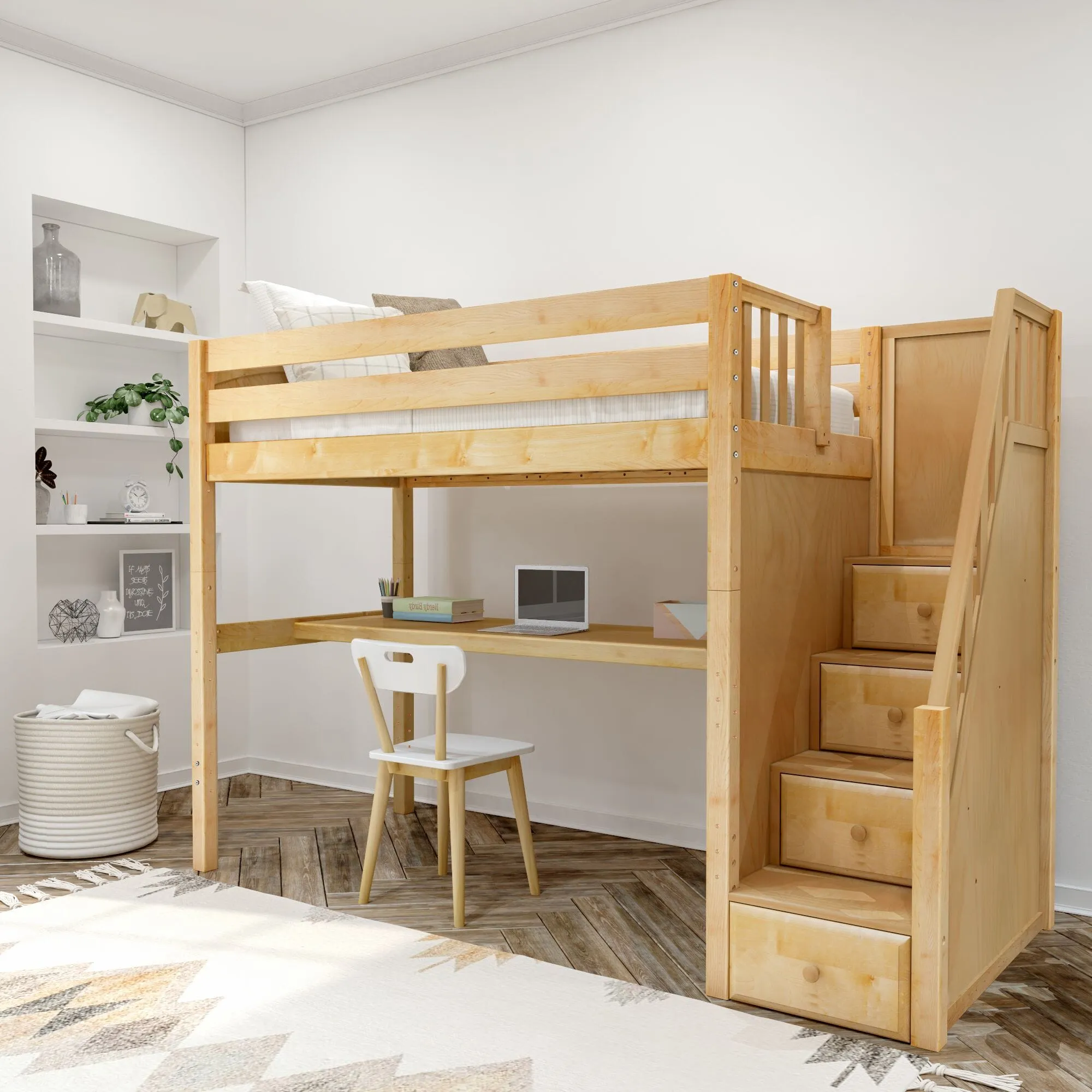 Twin High Loft Bed with Stairs with Long Desk