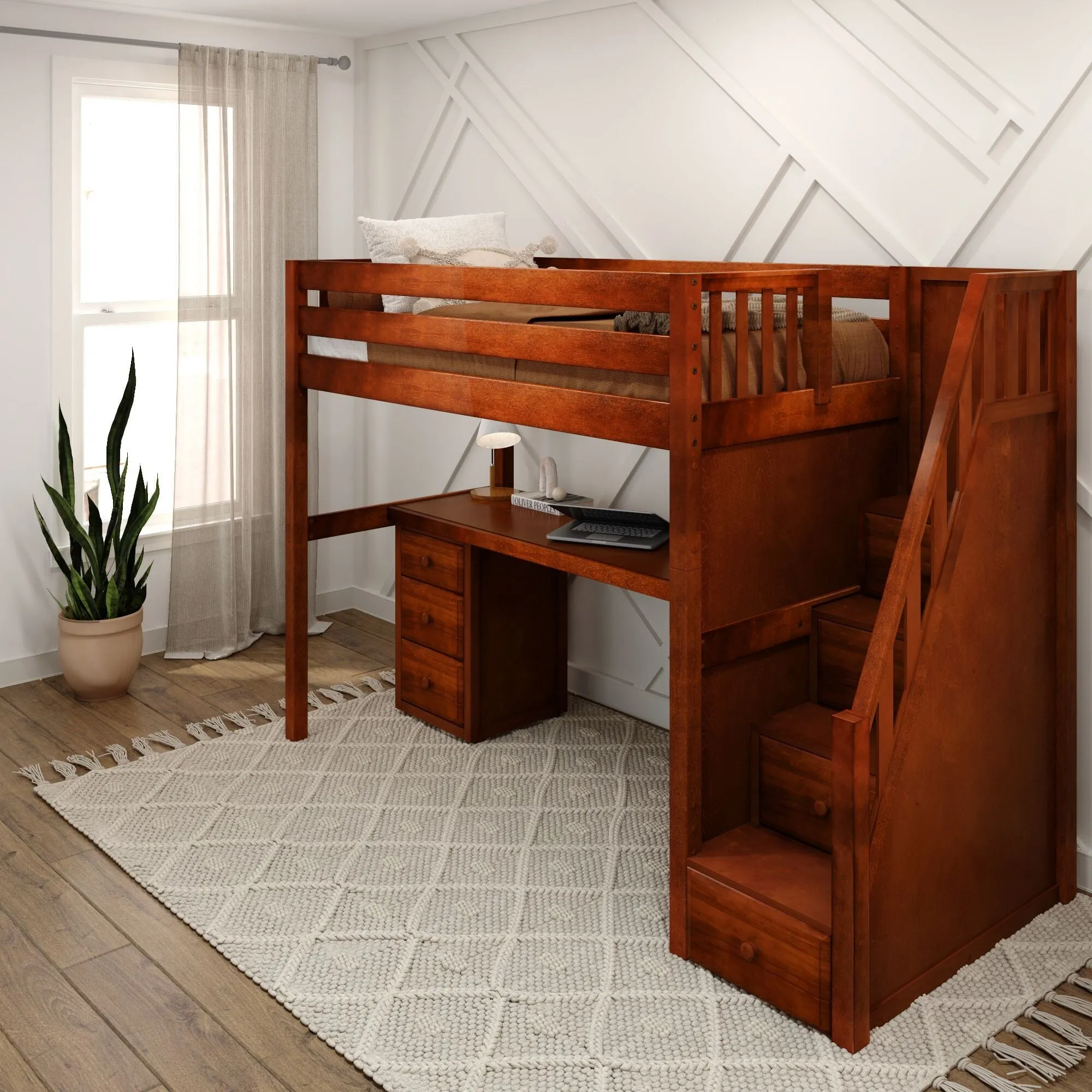 Twin High Loft Bed with Stairs with Long Desk