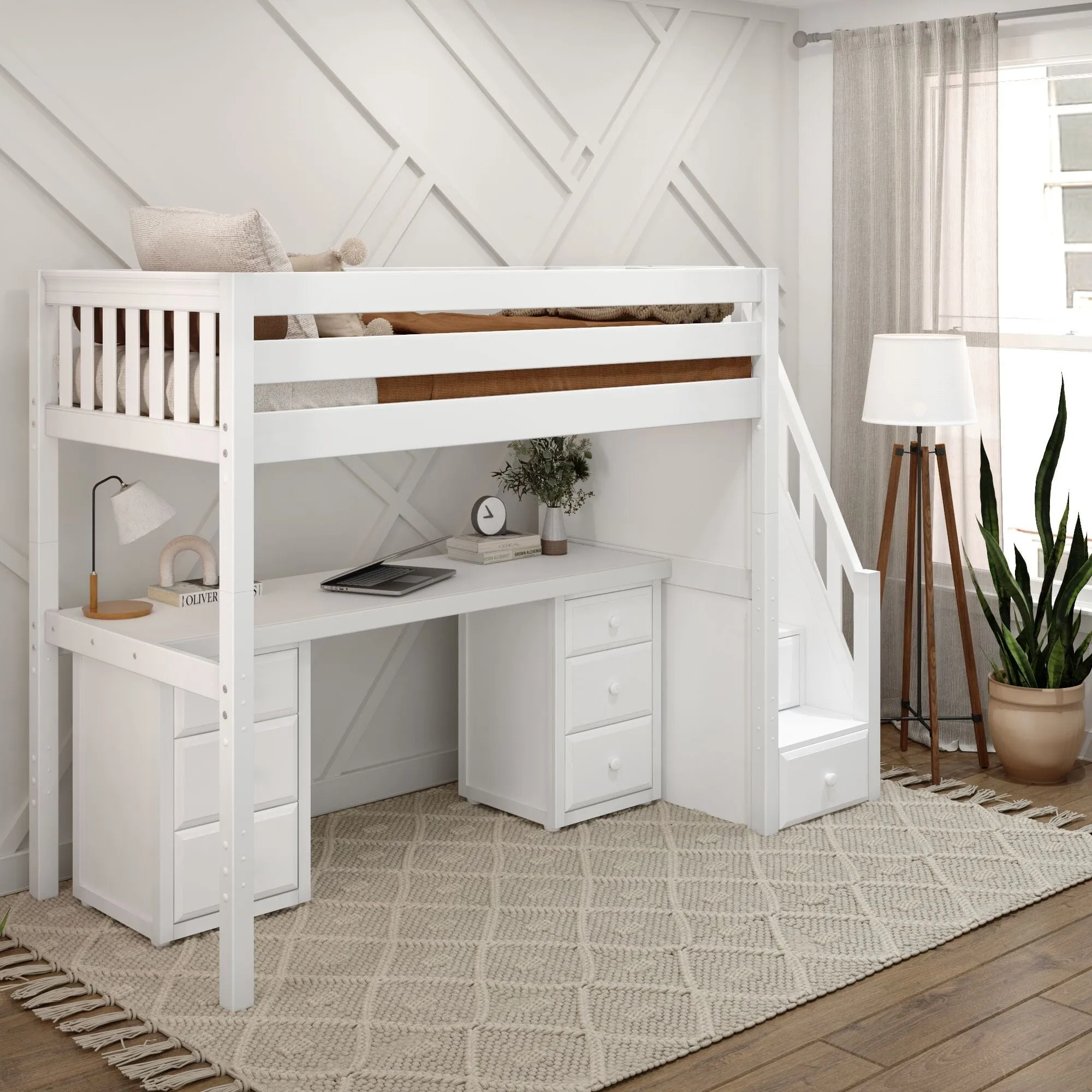 Twin High Loft Bed with Stairs with Long Desk