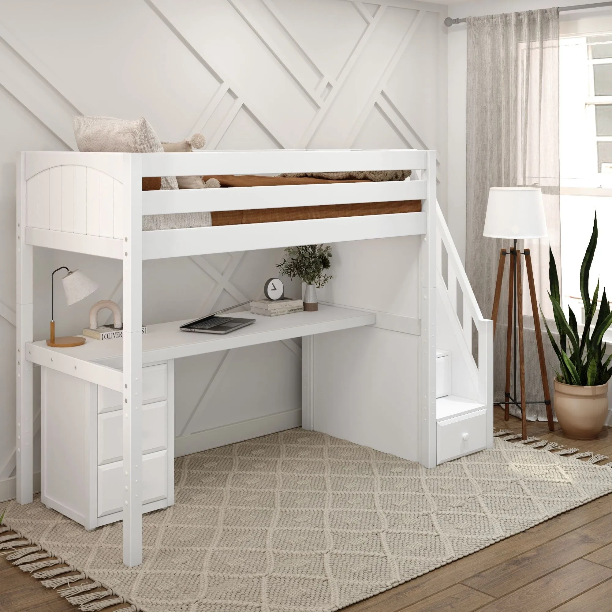 Twin High Loft Bed with Stairs with Long Desk