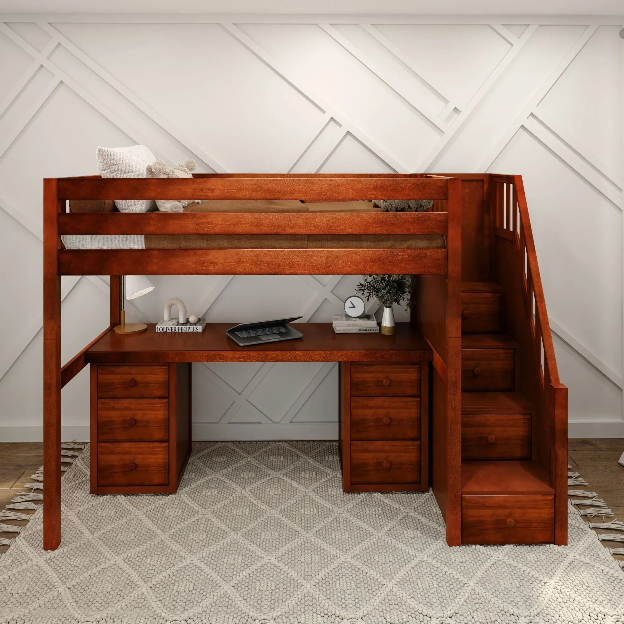 Twin High Loft Bed with Stairs with Long Desk