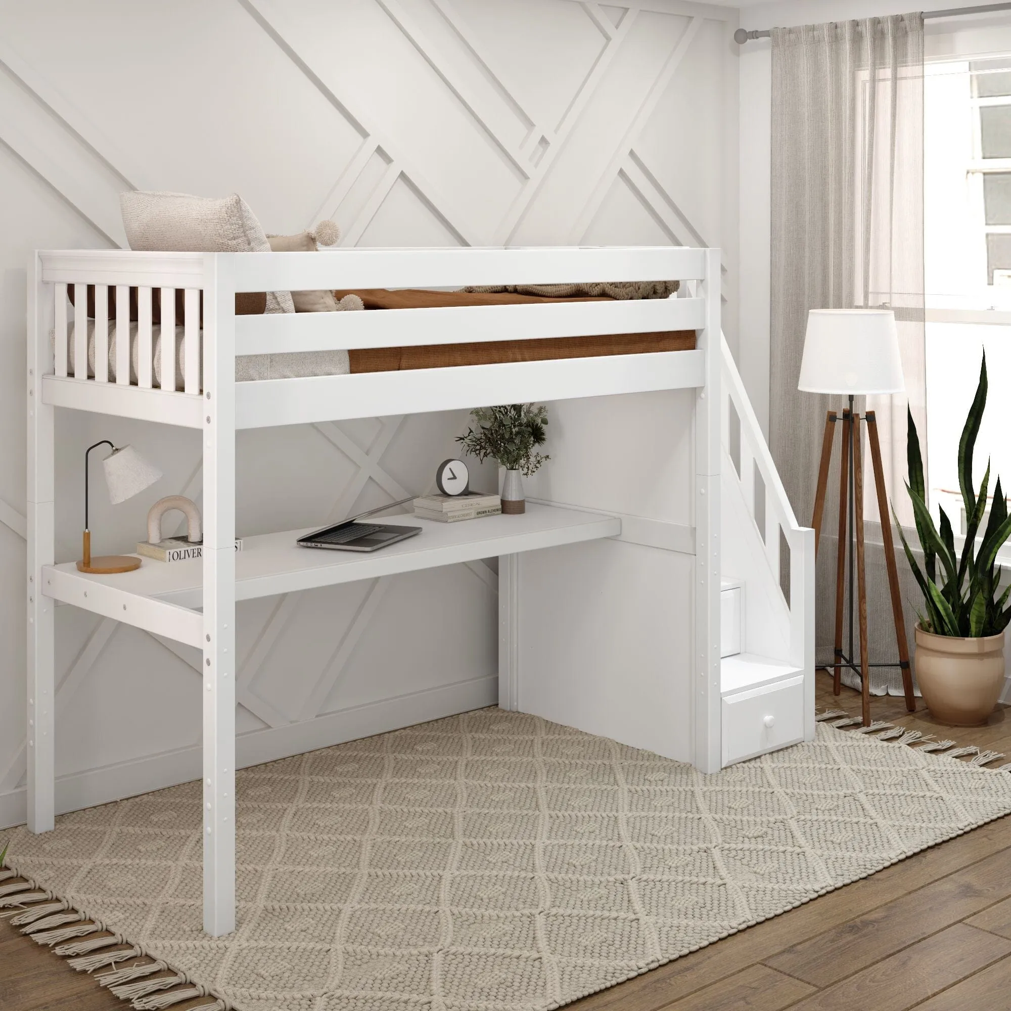 Twin High Loft Bed with Stairs with Long Desk