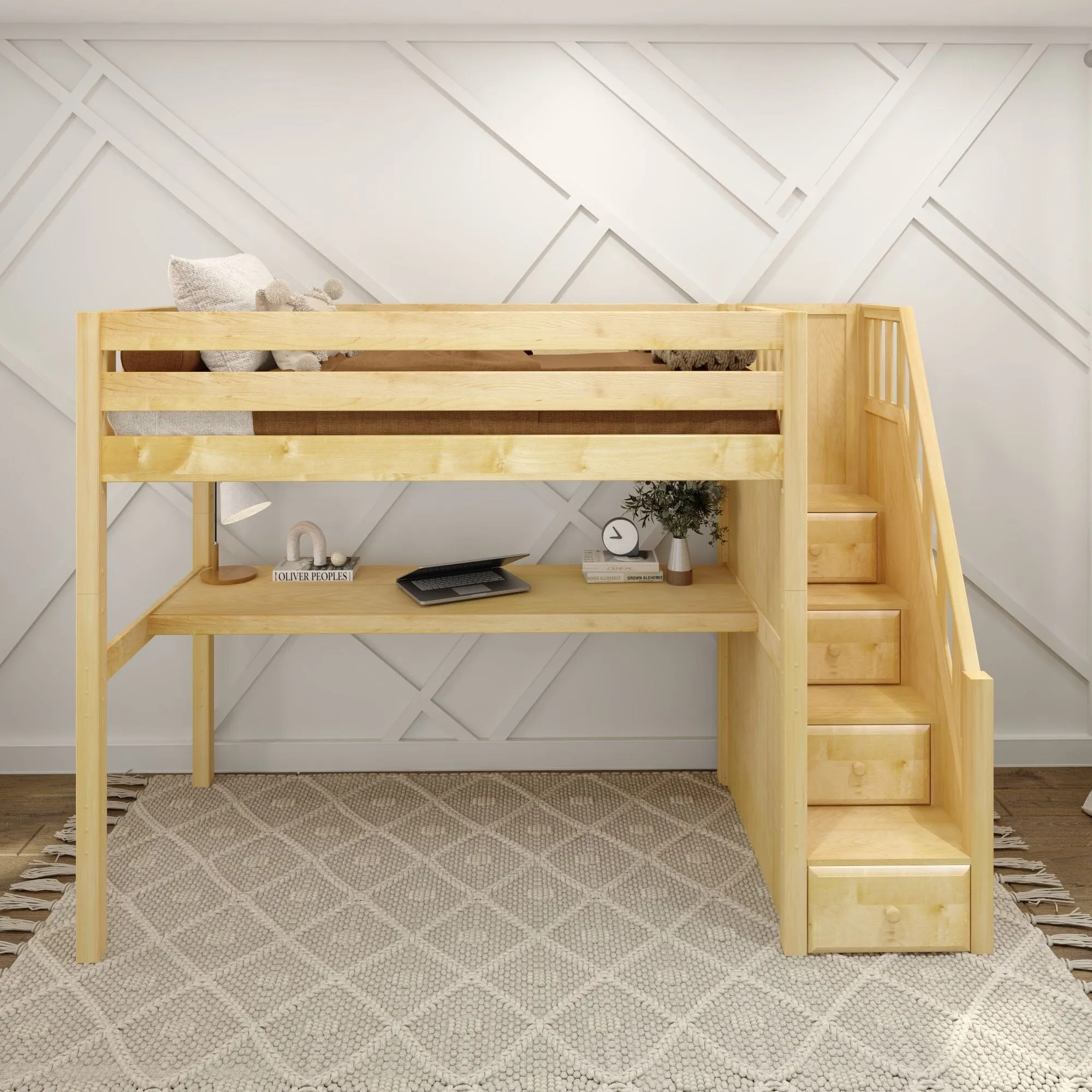 Twin High Loft Bed with Stairs with Long Desk