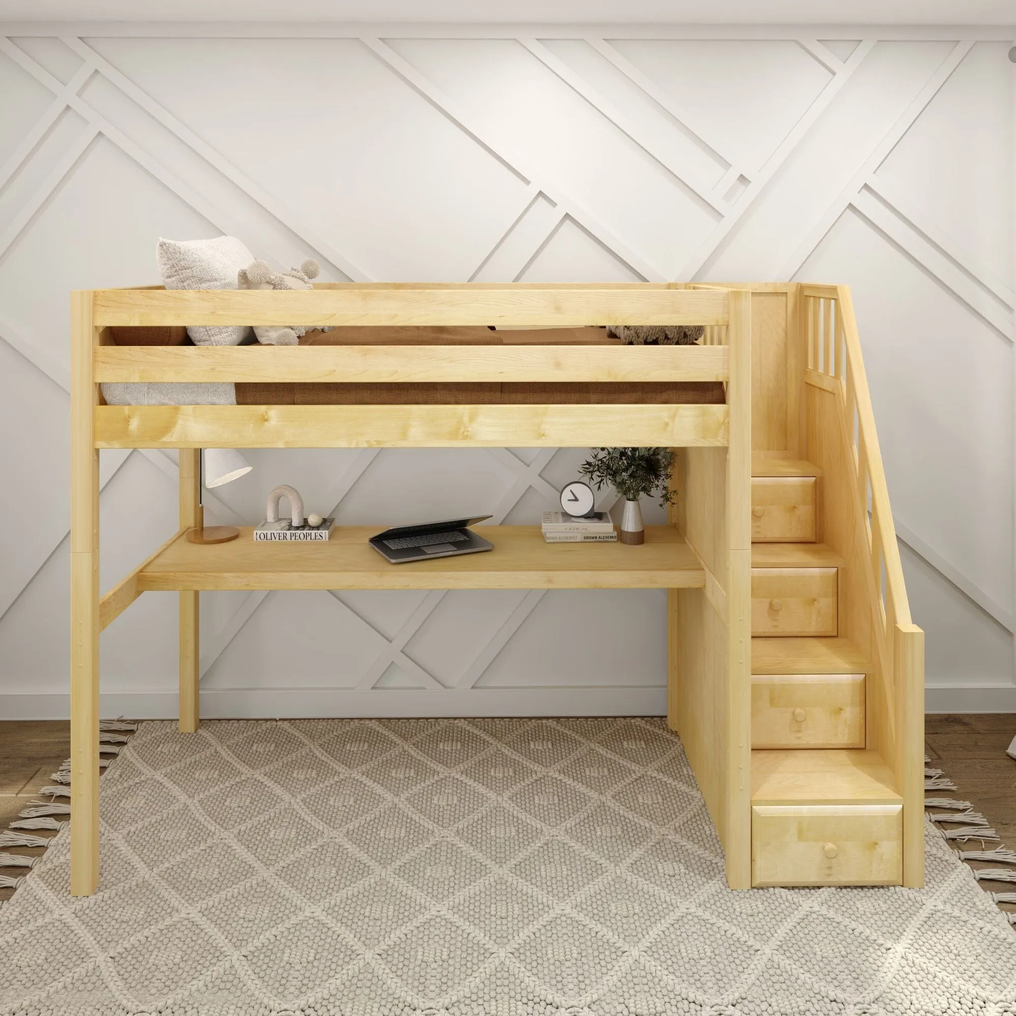 Twin High Loft Bed with Stairs with Long Desk