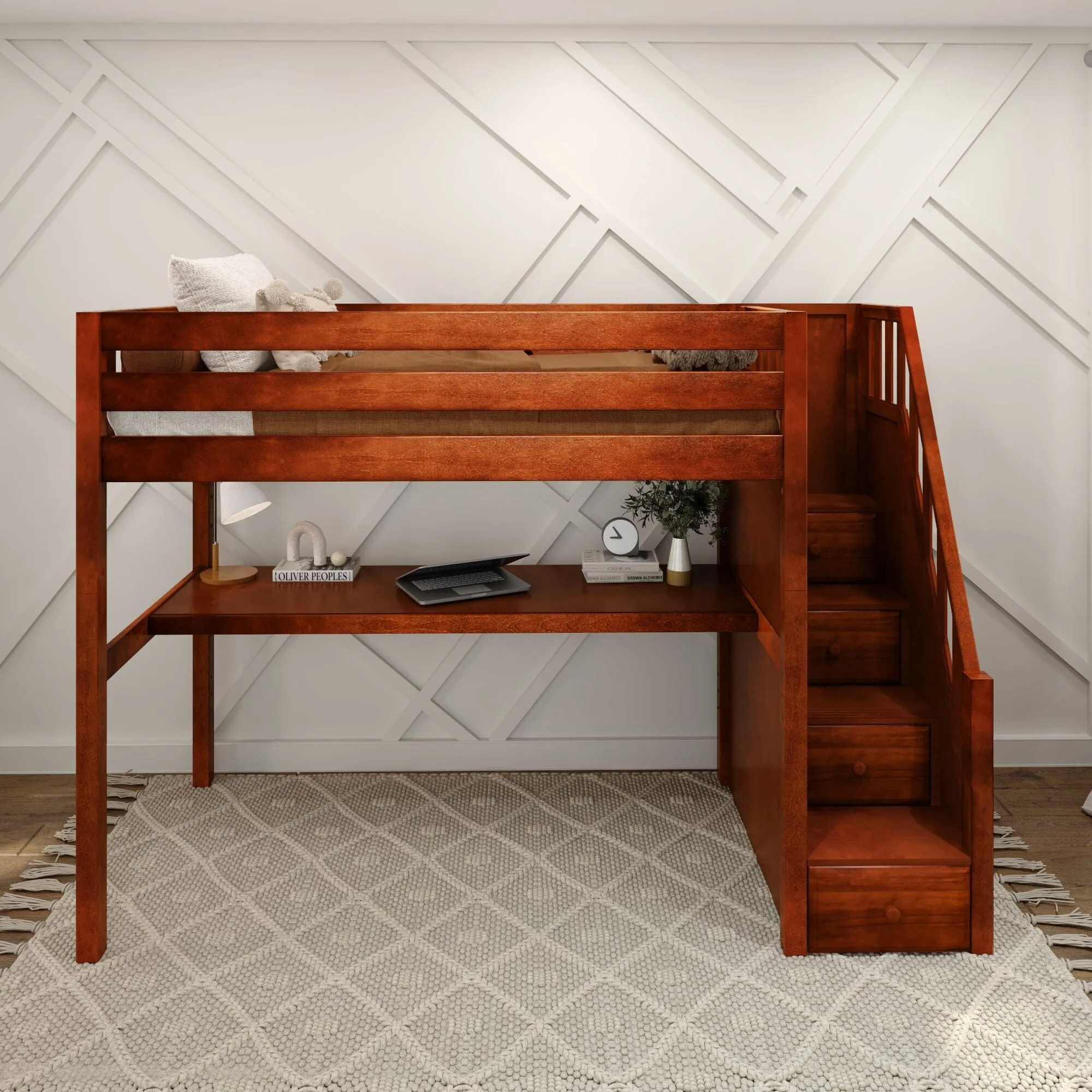 Twin High Loft Bed with Stairs with Long Desk