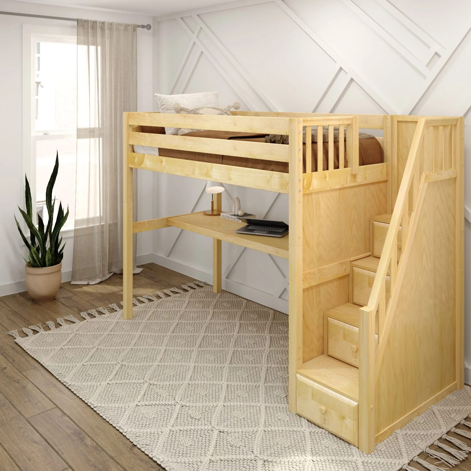 Twin High Loft Bed with Stairs with Long Desk