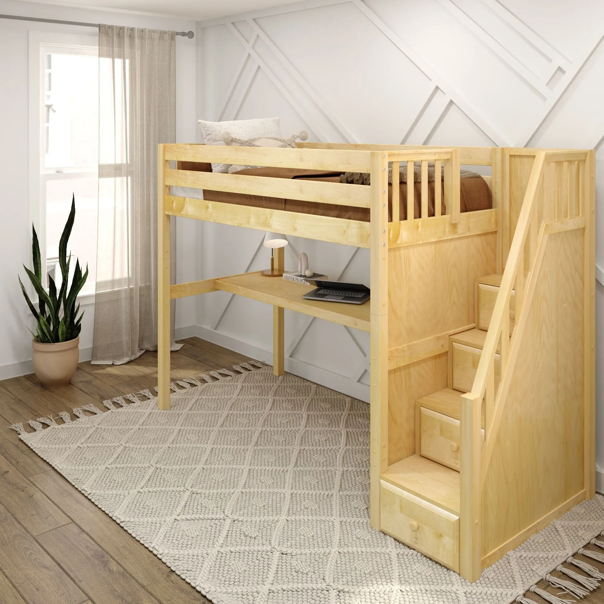 Twin High Loft Bed with Stairs with Long Desk