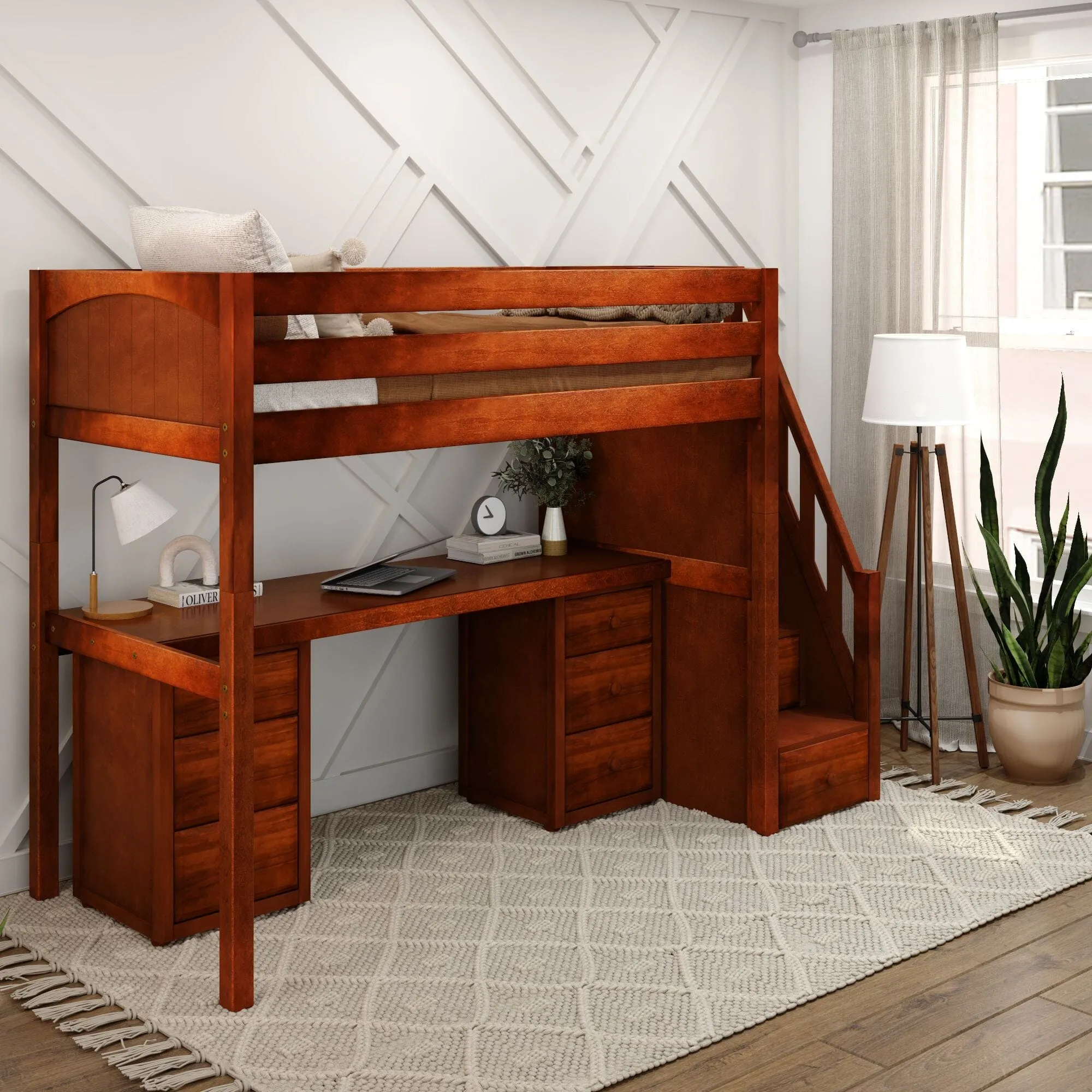 Twin High Loft Bed with Stairs with Long Desk