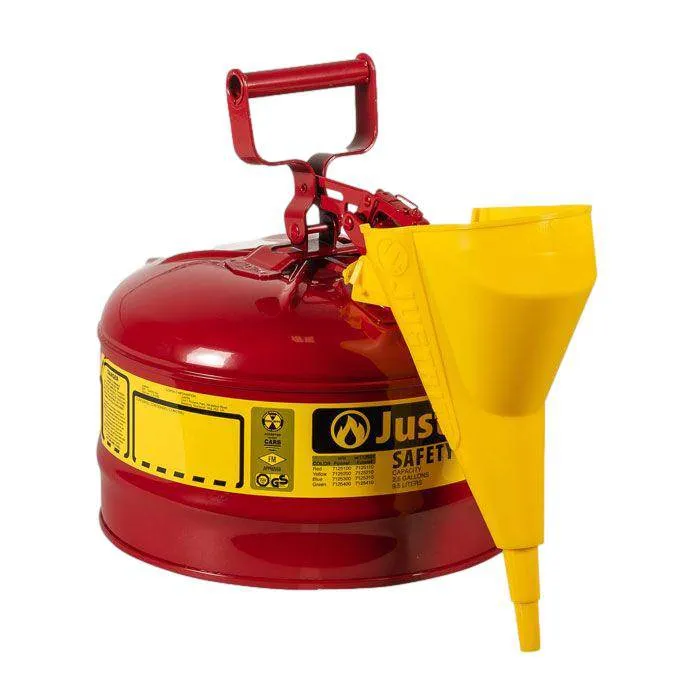 Type I Steel Safety Can, 2.5 Gal, S/S Flame Arrest, Self-Close Lid