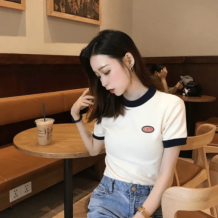 Vintage Logo Retro Style Women's Tee Contrasting Collars and Cuffs, Great For Your Summer Wardrobe Girls Tee Summer Fashion