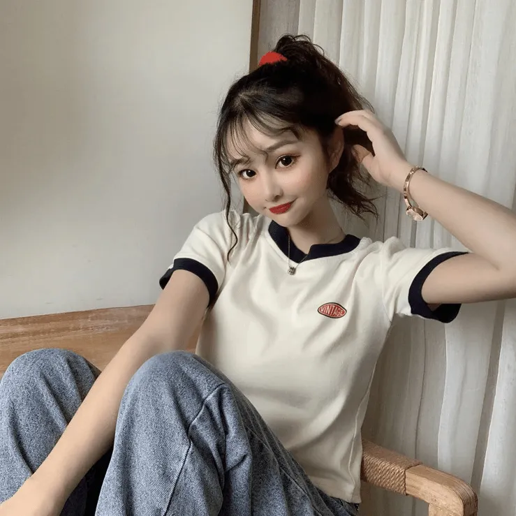 Vintage Logo Retro Style Women's Tee Contrasting Collars and Cuffs, Great For Your Summer Wardrobe Girls Tee Summer Fashion