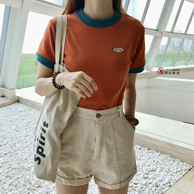 Vintage Logo Retro Style Women's Tee Contrasting Collars and Cuffs, Great For Your Summer Wardrobe Girls Tee Summer Fashion