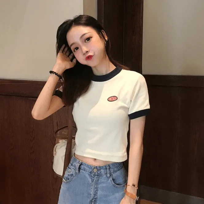 Vintage Logo Retro Style Women's Tee Contrasting Collars and Cuffs, Great For Your Summer Wardrobe Girls Tee Summer Fashion