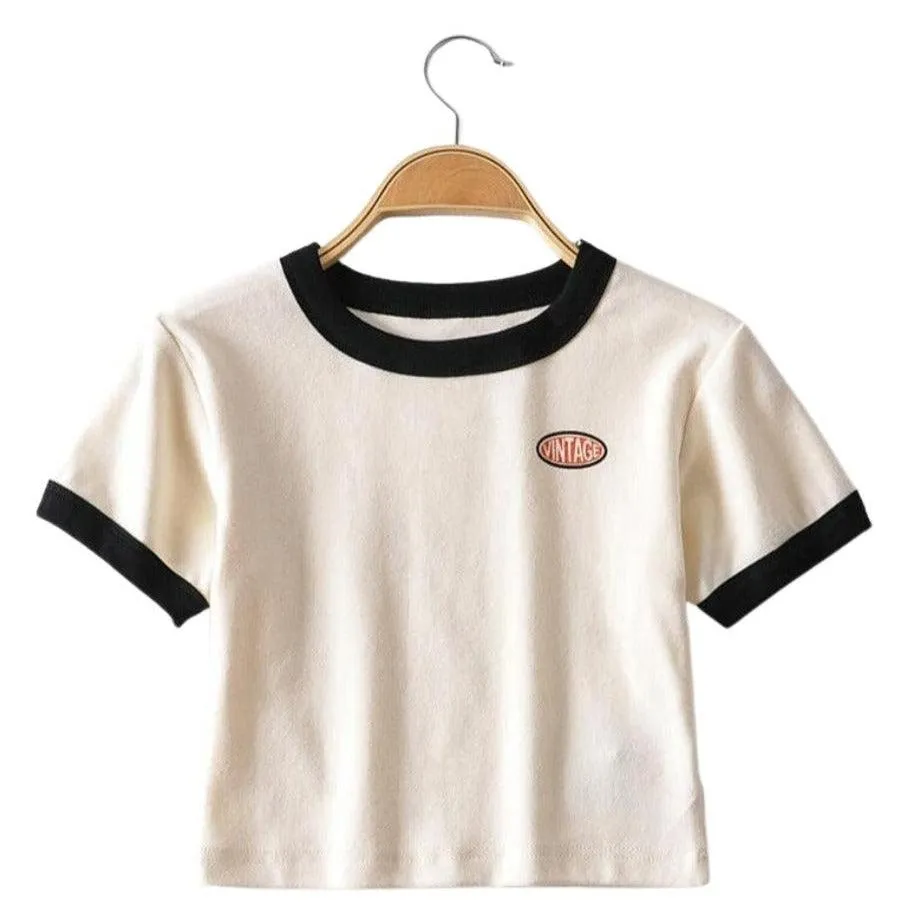 Vintage Logo Retro Style Women's Tee Contrasting Collars and Cuffs, Great For Your Summer Wardrobe Girls Tee Summer Fashion