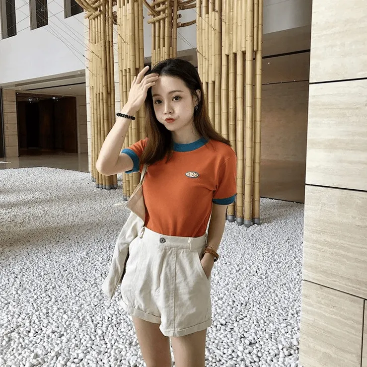 Vintage Logo Retro Style Women's Tee Contrasting Collars and Cuffs, Great For Your Summer Wardrobe Girls Tee Summer Fashion