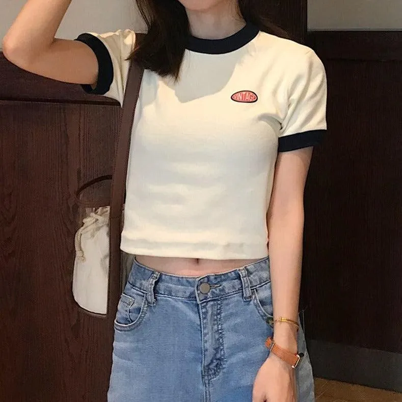 Vintage Logo Retro Style Women's Tee Contrasting Collars and Cuffs, Great For Your Summer Wardrobe Girls Tee Summer Fashion