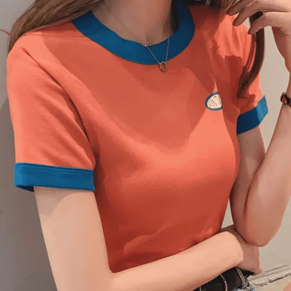 Vintage Logo Retro Style Women's Tee Contrasting Collars and Cuffs, Great For Your Summer Wardrobe Girls Tee Summer Fashion